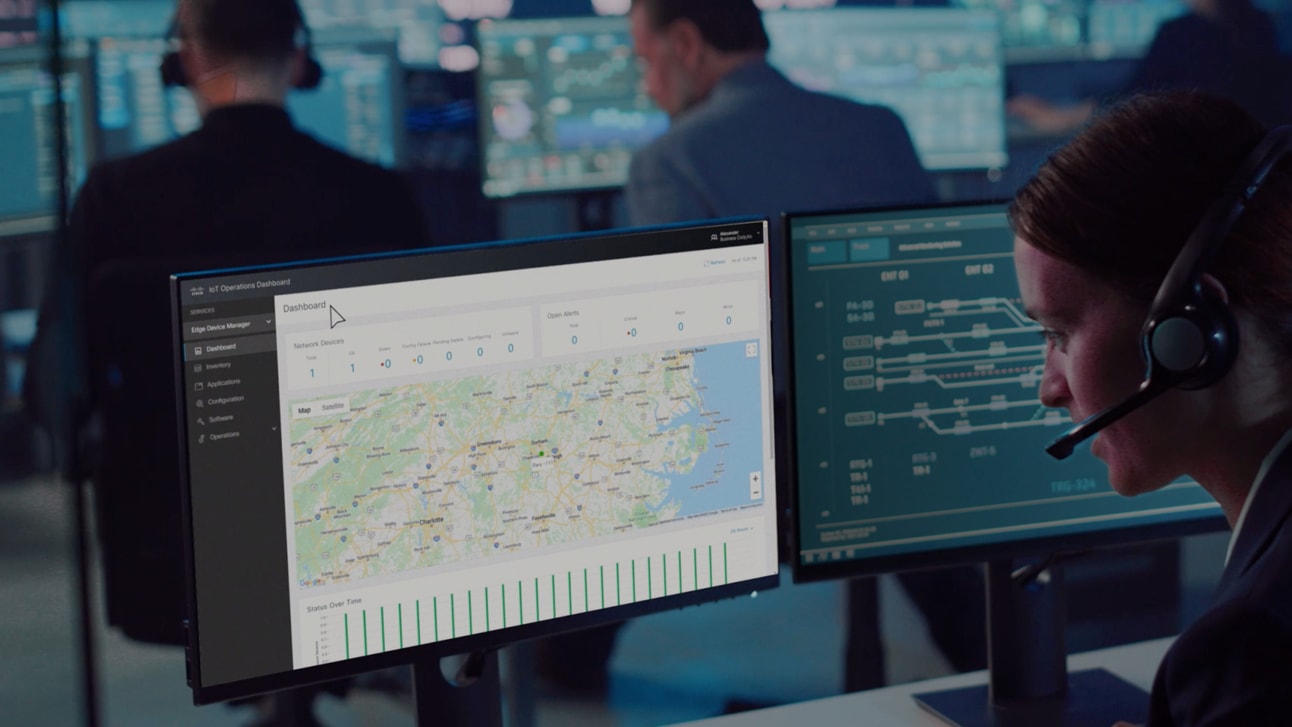Un collaborateur utilise Cisco IoT Operations Dashboard pour gérer le réseau IoT industriel et les ressources connectées