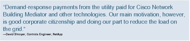 Text Box: "Demand-response payments from the utility paid for Cisco Network Building Mediator and other technologies. Our main motivation, however, is good corporate citizenship and doing our part to reduce the load on the grid."-David Shroyer, Controls Engineer, NetApp