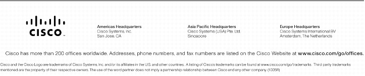 Text Box:  Corporate HeadquartersCisco Systems, Inc.170 West Tasman DriveSan Jose, CA 95134-1706USAwww.cisco.comTel:   408 526-4000    800 553-NETS (6387)Fax: 408 526-4100    European HeadquartersCisco Systems International BVHaarlerbergparkHaarlerbergweg 13-191101 CH AmsterdamThe Netherlandswww-europe.cisco.comTel:  31 0 20 357 1000Fax:    31 0 20 357 1100    Americas HeadquartersCisco Systems, Inc.170 West Tasman DriveSan Jose, CA 95134-1706USAwww.cisco.comTel:    408 526-7660Fax:    408 527-0883    Asia Pacific HeadquartersCisco Systems, Inc.168 Robinson Road#28-01 Capital TowerSingapore 068912www.cisco.comTel: +65 6317 7777Fax: +65 6317 7799Cisco Systems has more than 200 offices in the following countries and regions. Addresses, phone numbers, and fax numbers are listed onthe Cisco Website at www.cisco.com/go/offices.Argentina &middot; Australia &middot; Austria &middot; Belgium &middot; Brazil &middot; Bulgaria &middot; Canada &middot; Chile &middot; China PRC &middot; Colombia &middot; Costa Rica &middot; Croatia &middot; Cyprus &middot; Czech Republic Denmark &middot; Dubai, UAE &middot; Finland &middot; France &middot; Germany &middot; Greece &middot; Hong Kong SAR &middot; Hungary &middot; India &middot; Indonesia &middot; Ireland &middot; Israel &middot; Italy &middot; Japan &middot; Korea Luxembourg &middot; Malaysia &middot; Mexico &middot; The Netherlands &middot; New Zealand &middot; Norway &middot; Peru &middot; Philippines &middot; Poland &middot; Portugal &middot; Puerto Rico &middot; Romania &middot; Russia Saudi Arabia &middot; Scotland &middot; Singapore &middot; Slovakia &middot; Slovenia &middot; South Africa &middot; Spain &middot; Sweden &middot; Switzerland &middot; Taiwan &middot; Thailand &middot; Turkey &middot; Ukraine United Kingdom &middot; United States &middot; Venezuela &middot; Vietnam &middot; ZimbabweCopyright  2005 Cisco Systems, Inc. All rights reserved. CCIP, CCSP, the Cisco Powered Network mark, Cisco Unity, Follow Me Browsing, FormShare, and StackWise are trademarks of Cisco Systems, Inc.; Changing the Way We Work, Live, Play, and Learn, and iQuick Study are service marks of Cisco Systems, Inc.; and Aironet, ASIST, BPX, Catalyst, CCDA, CCDP, CCIE, CCNA, CCNP, Cisco, the Cisco Certified Internetwork Expert logo, Cisco IOS, the Cisco IOS logo, Cisco Press, Cisco Systems, Cisco Systems Capital, the Cisco Systems logo, Empowering the Internet Generation, Enterprise/Solver, EtherChannel, EtherSwitch, Fast Step, GigaStack, Internet Quotient, IOS, IP/TV, iQ Expertise, the iQ logo, iQ Net Readiness Scorecard, LightStream, Linksys, MeetingPlace, MGX, MICA, the Networkers logo, Networking Academy, Network Registrar, Packet, PIX, Post-Routing, Pre-Routing, RateMUX, Registrar, ScriptShare, SlideCast, SMARTnet, StrataView Plus, Stratm, SwitchProbe, TeleRouter, The Fastest Way to Increase Your Internet Quotient, TransPath, and VCO are registered trademarks of Cisco Systems, Inc. and/or its affiliates in the United States and certain other countries.All other trademarks mentioned in this document or Website are the property of their respective owners. The use of the word partner does not imply a partnership relationship between Cisco and any other company. (0501R)  204184.bc_ETMG_JR_2.05Printed in the USA
