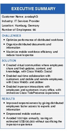 Text Box: EXECUTIVE SUMMARYCustomer Name: avodaqAGIndustry: IT Services ProviderLocation: Hamburg, GermanyNumber of Employees: 90CHALLENGES●    Optimize performance of distributed workforce●    Organize distributed documents and information●   Maximize mobile workforce efficiency and reduce travel expenseSOLUTION●   Created virtual communities where employees share and find updates, content, and knowledge, with Cisco WebEx Social●  Enabled real-time collaboration with customers and mobile and remote employees, with Cisco WebEx and Jabber●  Enabled in-person interactions with employees and customers in any office, with immersive Cisco TelePresence experienceRESULTS●   Improved responsiveness by giving distributed employees faster access to experts and information● Empowered mobile workers● Avoided 100 trips annually, saving an estimated US$100,000 without sacrificing the in-person experience