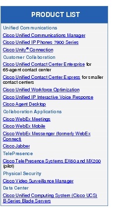 Text Box: PRODUCT LISTUnified CommunicationsCisco Unified Communications ManagerCisco Unified IP Phones 7900 SeriesCisco Unity&reg; ConnectionCustomer CollaborationCisco Unified Contact Center Enterprise for 65 agent contact centerCisco Unified Contact Center Express for smaller contact centersCisco Unified Workforce OptimizationCisco Unified IP Interactive Voice ResponseCisco Agent DesktopCollaboration ApplicationsCisco WebEx MeetingsCisco WebEx MobileCisco WebEx Messenger (formerly WebEx Connect)Cisco JabberTelePresenceCisco TelePresence Systems EX60 and MX200 (pilot)Physical SecurityCisco Video Surveillance ManagerData CenterCisco Unified Computing System (Cisco UCS) B Series Blade Servers