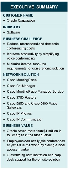 Text Box: EXECUTIVE SUMMARYCUSTOMER NAME&middot;    Oracle CorporationINDUSTRY&middot; SoftwareBUSINESS CHALLENGE&middot; Reduce international and domestic conferencing costs&middot;   Increase productivity by simplifying voice conferencing&middot;    Minimize internal resource requirements for conferencing solutionNETWORK SOLUTION&middot;  Cisco MeetingPlace&middot; Cisco CallManager&middot;  Cisco MeetingPlace Managed Service&middot; Cisco 3750 Routers&middot; Cisco 5850 and Cisco 5400 Voice Gateways&middot;   Cisco IP Phones&middot;    Cisco IP CommunicatorBUSINESS VALUE&middot;    Oracle saved more than $1 million in toll charges in the first quarter&middot; Employees can easily join conferences anywhere in the world by dialing a local access number&middot;   Outsourcing administration and help desk support for the on-site solution