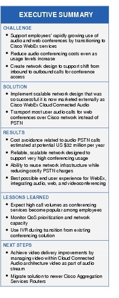 Text Box: EXECUTIVE SUMMARYCHALLENGE●    Support employees' rapidly growing use of audio and web conferences by transitioning to Cisco WebEx services● Reduce audio conferencing costs even as usage levels increase●    Create network design to support shift from inbound to outbound calls for conference accessSOLUTION●  Implement scalable network design that was so successful it is now marketed externally as Cisco WebEx Cloud Connected Audio●  Transport most user audio calls for web conferences over Cisco network instead of PSTNRESULTS●    Cost avoidance related to audio PSTN calls estimated at potential US $32 million per year●    Reliable, scalable network designed to support very high conferencing usage●  Ability to reuse network infrastructure while reducing costly PSTN charges●   Best possible end user experience for WebEx, integrating audio, web, and videoconferencingLESSONS LEARNED●    Expect high call volumes as conferencing services become popular among employees● Monitor QoS prioritization and network capacity●  Use IVR during transition from existing conferencing solutionNEXT STEPS●  Achieve video delivery improvements by managing video within Cloud Connected Audio architecture video as part of audio stream●    Migrate solution to newer Cisco Aggregation Services Routers