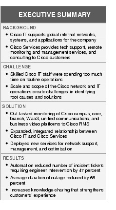 Text Box: EXECUTIVE SUMMARYBACKGROUND● Cisco IT supports global internal networks, systems, and applications for the company●    Cisco Services provides tech support, remote monitoring and management services, and consulting to Cisco customersCHALLENGE ● Skilled Cisco IT staff were spending too much time on routine operations ●    Scale and scope of the Cisco network and IT operations create challenges in identifying root causes and solutions SOLUTION●   Out-tasked monitoring of Cisco campus, core, branch, WaaS, unified communications, and business video platforms to Cisco RMS● Expanded, integrated relationship between Cisco IT and Cisco Services●    Deployed new services for network support, management, and optimizationRESULTS●   Automation reduced number of incident tickets requiring engineer intervention by 47 percent●  Average duration of outage reduced by 66 percent● Increased knowledge-sharing that strengthens customers' experience