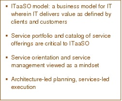 Text Box:  ITaaSO model: a business model for IT wherein IT delivers value as defined by clients and customers     Service portfolio and catalog of service offerings are critical to ITaaSO   Service orientation and service management viewed as a mindset  Architecture-led planning, services-led execution