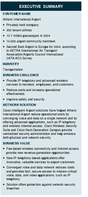 Text Box: EXECUTIVE SUMMARYCUSTOMER NAMEAthens International Airport&middot;   Privately held company&middot; 300 tenant airlines &middot;   13.7 million passengers in 2004&middot;    14,000 airport community members&middot;   Second Best Airport in Europe for 2004, according to AETRA International Air Transport Association/Airports Council International (IATA/ACI) SurveyINDUSTRYTransportationBUSINESS CHALLENGE&middot;    Provide IP telephony and advanced wireless services to travelers, employees, and customers&middot; Reduce costs and increase operational effectiveness&middot;    Improve safety and securityNETWORK SOLUTION Cisco Intelligent Airport solutions have helped Athens International Airport reduce operational costs by converging voice and data on a single network and by offering advanced applications, such as IP telephony and wireless Internet access. Cisco Wireless Security Suite and Cisco Next-Generation Campus provide centralized security administration and help enhance both physical and network security.BUSINESS VALUE&middot; Fee-based wireless connectivity and Internet access provide new revenue-generation opportunities&middot;   New IP telephony-based applications offer innovative, valuable services to airport customers&middot;   Converged voice and data network reduces costs and provides fast, secure access to mission-critical voice, data, and video applications, such as IP telephony&middot;  Solution offers protection against network security breaches