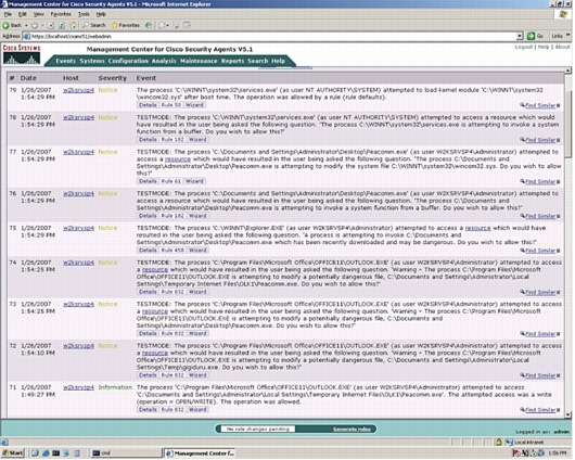 Figure 1. Cisco Security Agent のデフォルト設定による Storm Trojan エクスプロイトの阻止(Cisco Security Agent 5.1 でテストを実行)