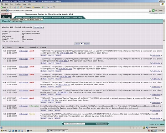 Figure 2. Cisco Security Agent のデフォルト設定による Storm Trojan エクスプロイトの阻止(Cisco Security Agent 5.1 でテストを実行)