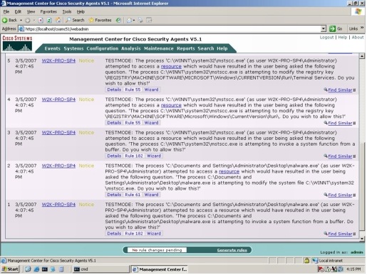 図 1 Cisco Security Agent のデフォルト設定による Win32.Rinbot.H エクスプロイトの阻止(Cisco Security Agent 5.1 でテストを実行)