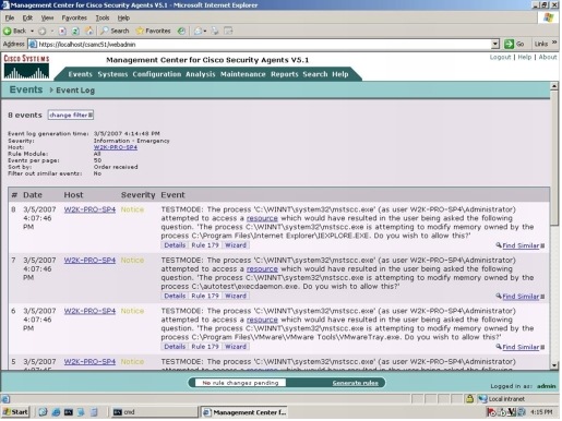 図 2 Cisco Security Agent のデフォルト設定による Win32.Rinbot.H エクスプロイトの阻止(Cisco Security Agent 5.1 でテストを実行)