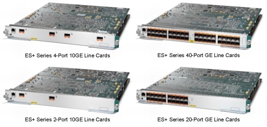 図 1 Cisco 7600 ES Plus ラインカード:4 ポート 10 ギガビット イーサネットおよび 40 ポート ギガビット イーサネット、 2 ポート 10 ギガビット イーサネットおよび 20 ポート ギガビット イーサネット