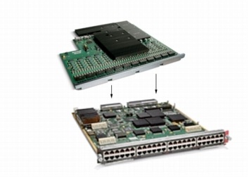 図 6 802.3af PoE ドーター カード(上)(製品番号 WS-F6K-GE48-AF)を搭載した Cisco クラシック 48 ポート 10/100/1000 モジュール(製品番号 WS-X6148A-GE-TX)