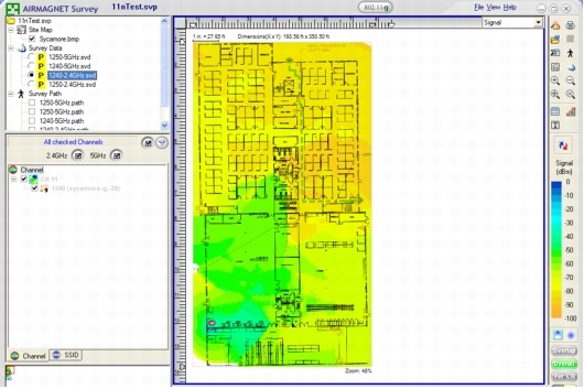 図 3 AirMagnet 社の調査ソフトウェアを使用した測定によれば、1240 シリーズの 2.4 GHz での到達範囲は、障害物がない状態で 68,000 平方フィート(6,120 平方メートル)です。