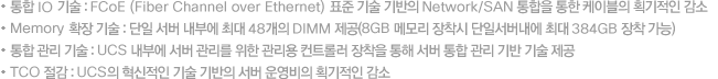 ÅëÇÕ IO ±â¼ú : FCoE (Fiber Channel over Ethernet) Ç¥ÁØ ±â¼ú ±â¹ÝÀÇ Network/SAN ÅëÇÕÀ» ÅëÇÑ ÄÉÀ̺íÀÇ È¹±âÀûÀÎ °¨¼Ò, Memory È®Àå ±â¼ú : ´ÜÀÏ ¼¹ö ³»ºÎ¿¡ ÃÖ´ë 48°³ÀÇ DIMM Á¦°ø(8GB ¸Þ¸ð¸® ÀåÂø½Ã ´ÜÀϼ¹ö³»¿¡ ÃÖ´ë 384GB ÀåÂø °¡´É), ÅëÇÕ °ü¸® ±â¼ú : UCS ³»ºÎ¿¡ ¼¹ö °ü¸®¸¦ À§ÇÑ °ü¸®¿ë ÄÁÆ®·Ñ·¯ ÀåÂøÀ» ÅëÇØ ¼¹ö ÅëÇÕ °ü¸® ±â¹Ý ±â¼ú Á¦°ø, TCO Àý°¨ : UCSÀÇ Çõ½ÅÀûÀÎ ±â¼ú ±â¹ÝÀÇ ¼¹ö ¿î¿µºñÀÇ È¹±âÀûÀÎ °¨¼Ò