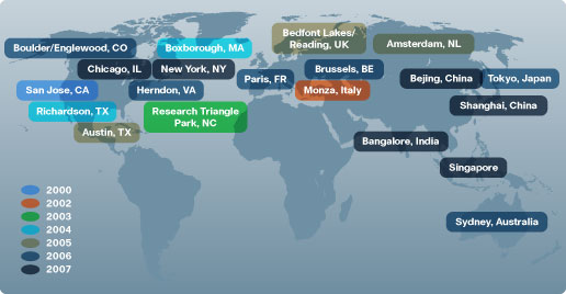 Chart detailing Cisco ISO 14001 certified site locations across the globe