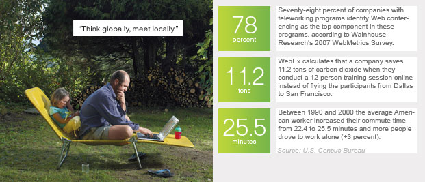 Left: &ldquo;Think globally, meet locally.&rdquo; (photo: father daughter outside on a lounge chair) Right: Green Facts: 78 percent: Seventy-eight percent of companies with teleworking programs identify Web conferencing as the top component in these programs, according to Wainhouse Research&rsquo;s 2007 WebMetrics Survey. 11.2 tons: WebEx calculates that a company saves 11.2 tons of carbon dioxide when they conduct a 12-person training session online instead of flying the participants from Dallas to San Francisco. 25.5 minutes: Between 1990 and 2000 the average American worker increased their commute time from 22.4 to 25.5 minutes and more people drove to work alone (+3 percent) Source U.S. Census Bureau.