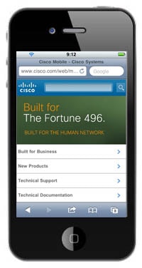 Apple iPhone showing m.cisco.com and search enhancement