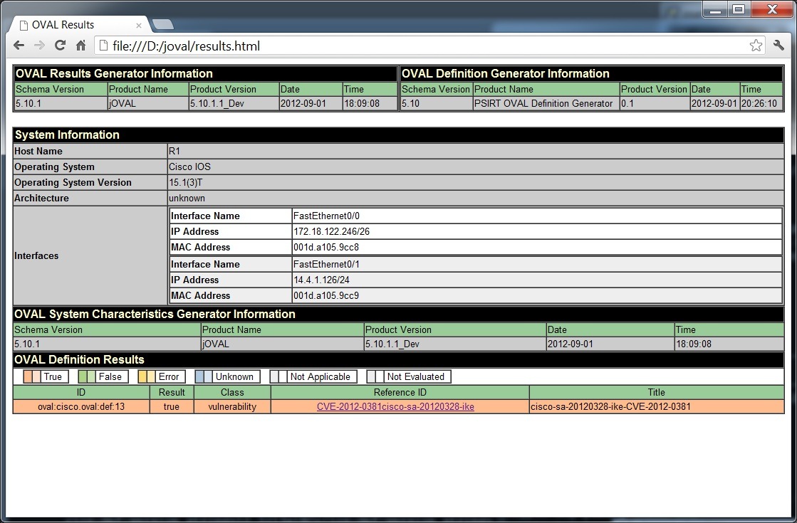 OVAL definition results at the bottom of the screen show true with vuln details