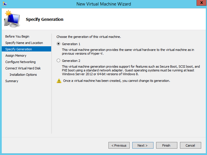 Choose the generation for the virtual machine.