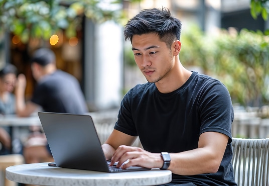 A man sitting at a table with a laptop, looking at the screen.