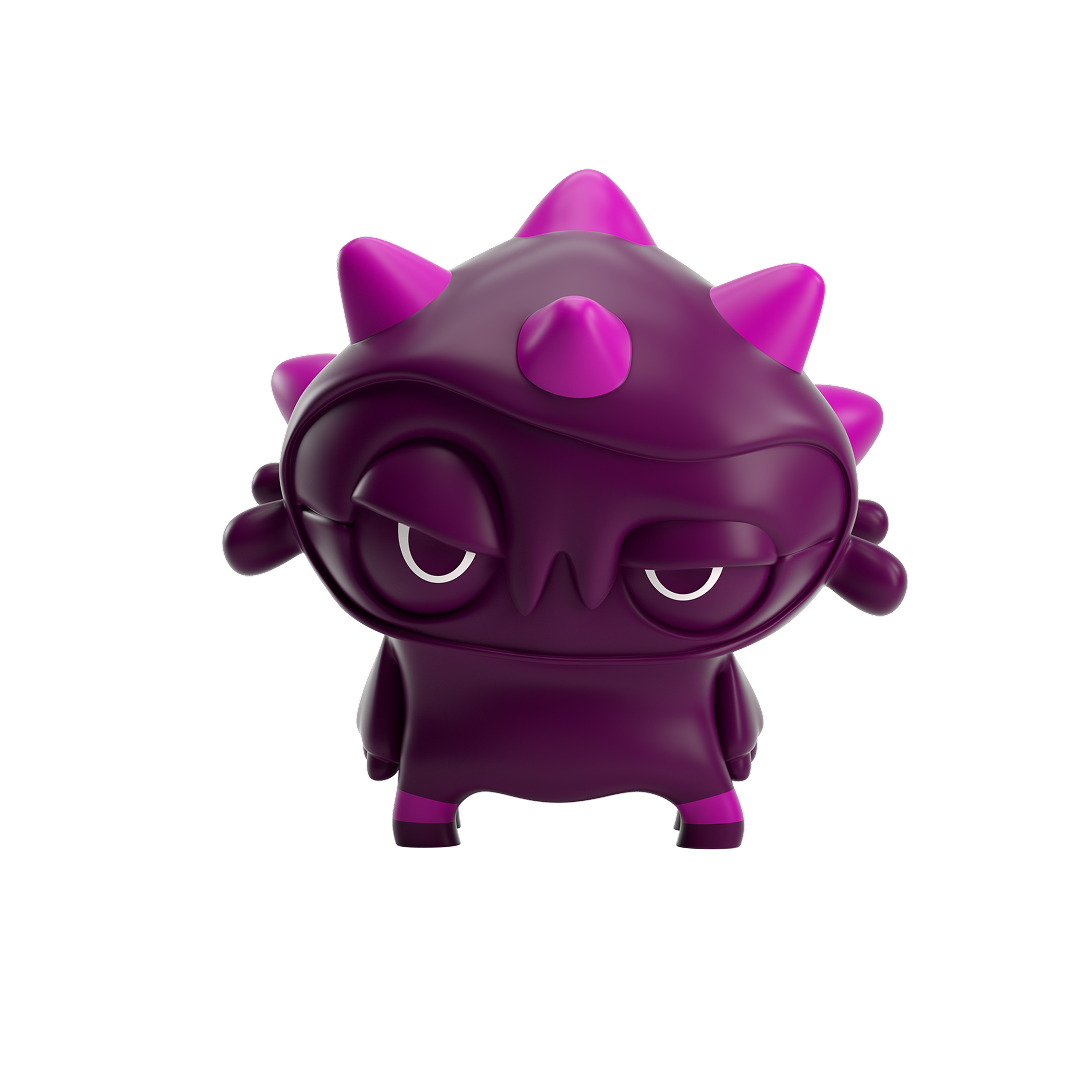 A pink monster representing an online threat with spikes on its head and an inquisitive expression.