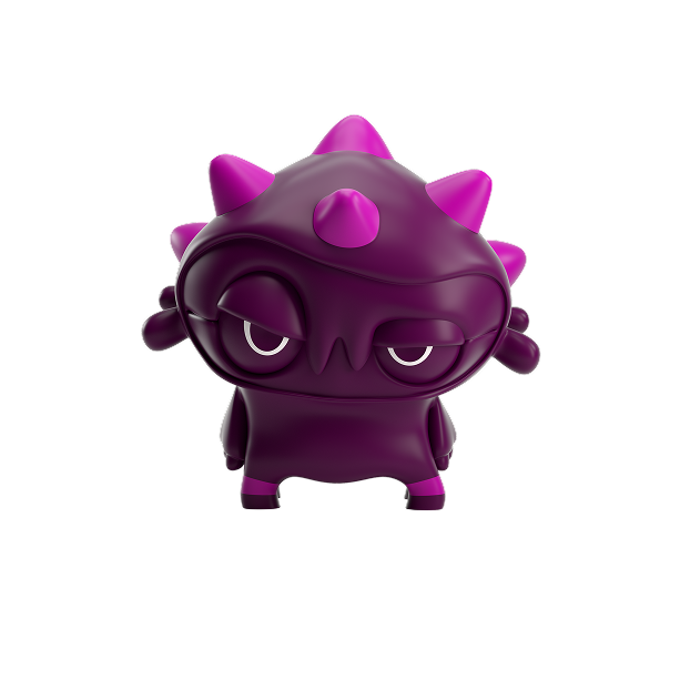 A pink monster representing an online threat with spikes on its head and an inquisitive expression.