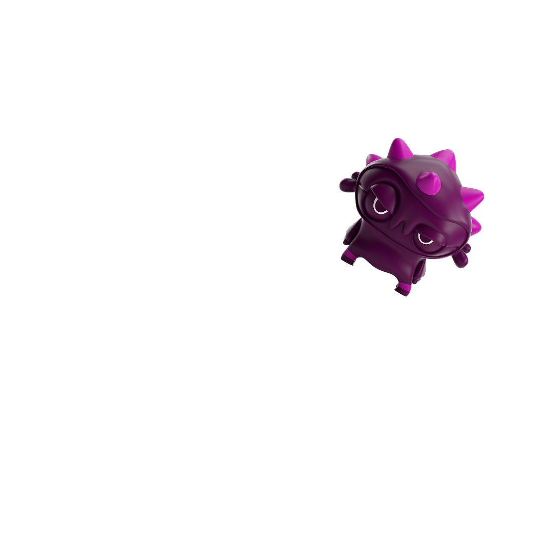 A pink monster representing an online threat with spikes on its head and an inquisitive expression.