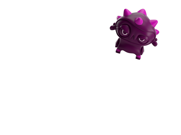 A pink monster representing an online threat with spikes on its head and an inquisitive expression.