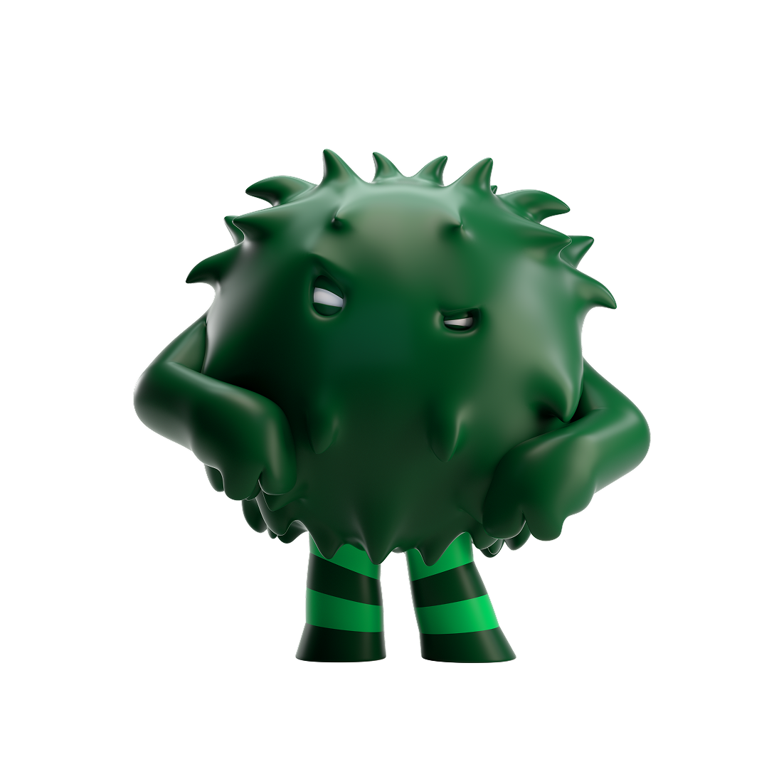 A green monster representing an online threat with a mysterious facial expression.