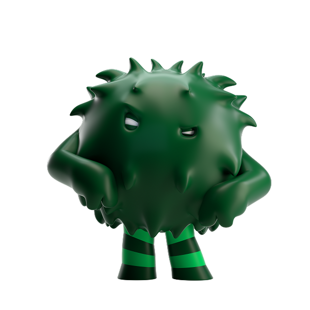 A green monster representing an online threat with a mysterious facial expression.