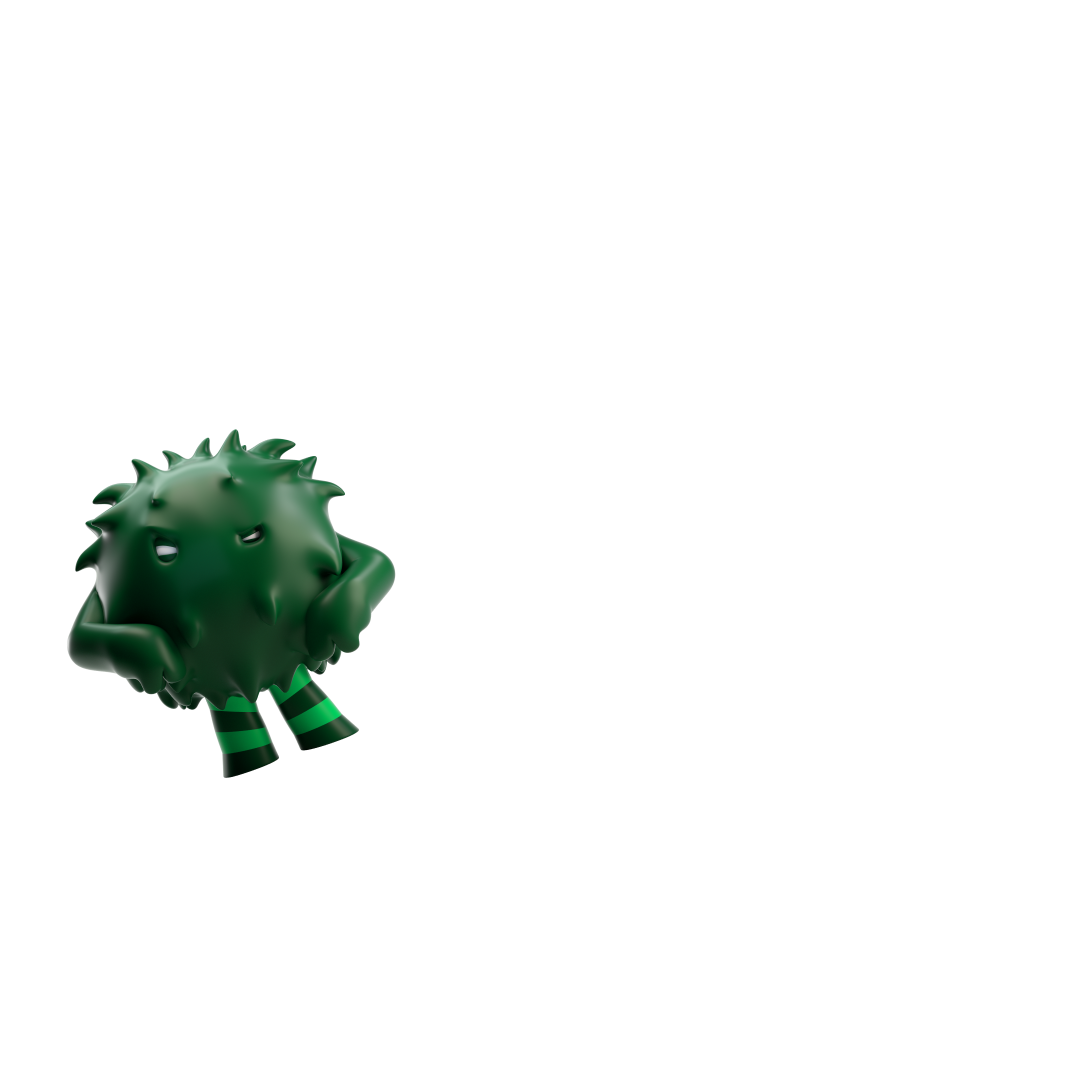 A green monster representing an online threat with a mysterious facial expression.