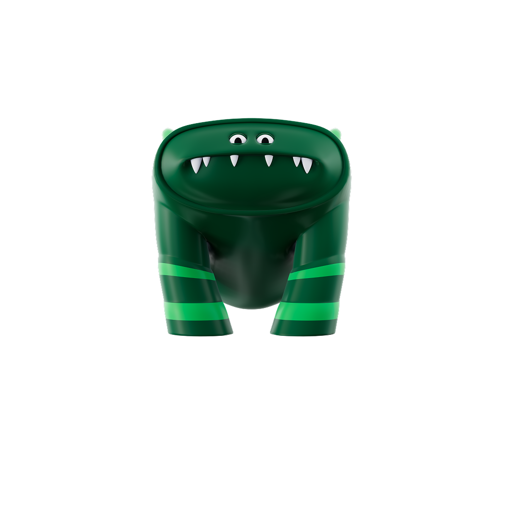 A green monster representing an online threat with a guilty facial expression. 