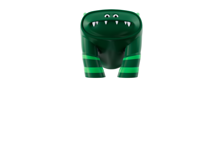A green monster representing an online threat with a guilty facial expression. 