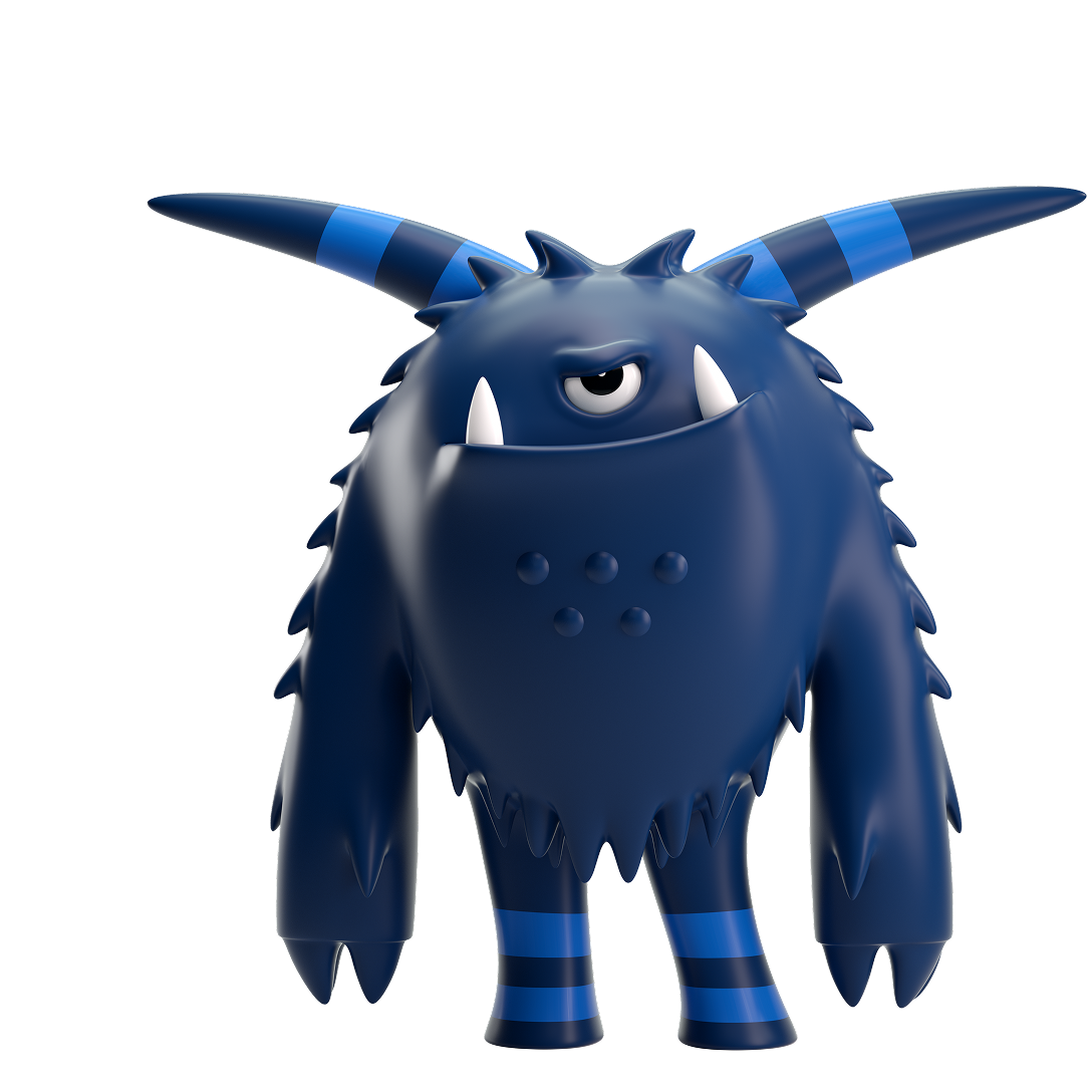 A blue monster representing an online threat with one eye, striped horns, and a devious facial expression.