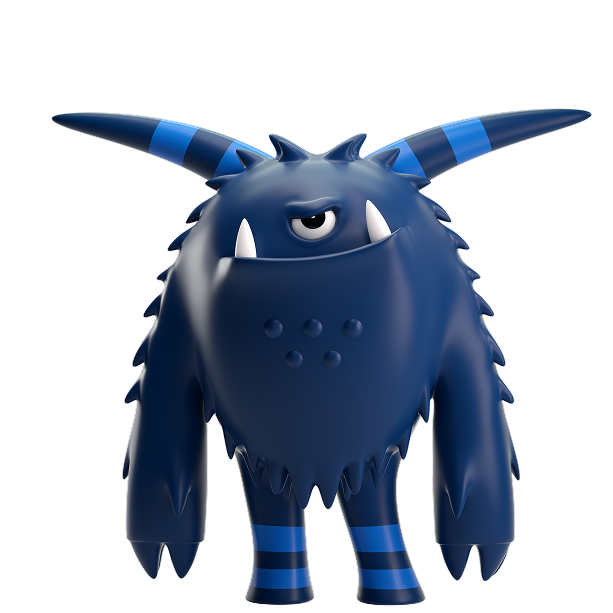 A blue monster representing an online threat with one eye, striped horns, and a devious facial expression.