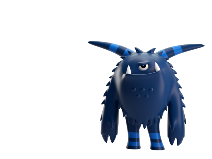 A blue monster representing an online threat with one eye, striped horns, and a devious facial expression.