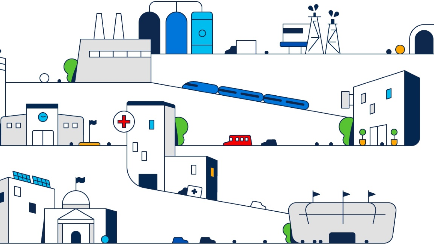 A colorful line illustration depicting places in a city such as a hospital, stadium, power plant and university.