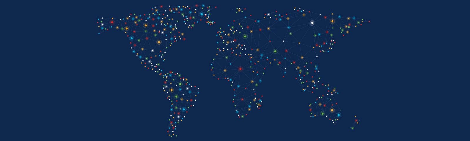 Image of a world map, with colored dots illustrating digital connection