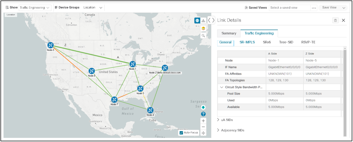 Visualization of circuit-style SR-TE per-link bandwidth resource pool size, utilization, and availability