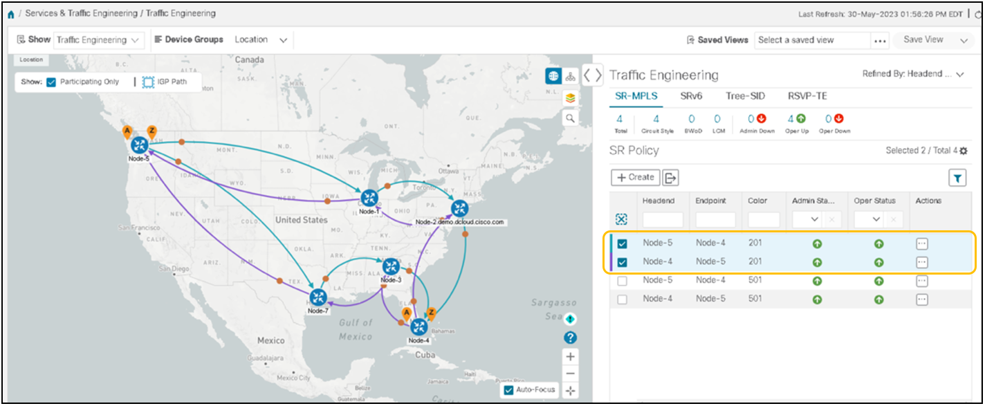 Visualization of circuit-style SR-TE polices on traffic engineering pane