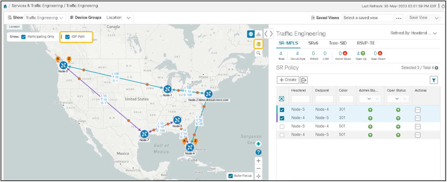 Visualization of circuit-style SR-TE policies with link metrics for working and protect paths