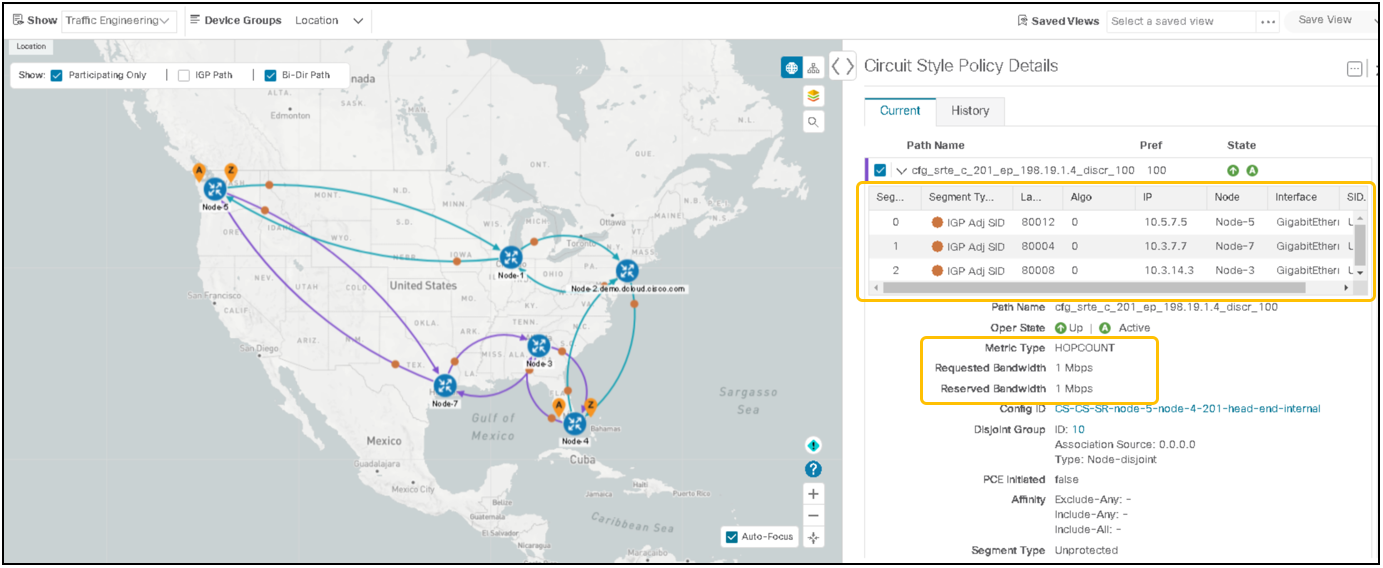 Visualization of circuit-style SR-TE policy candidate path SID list details