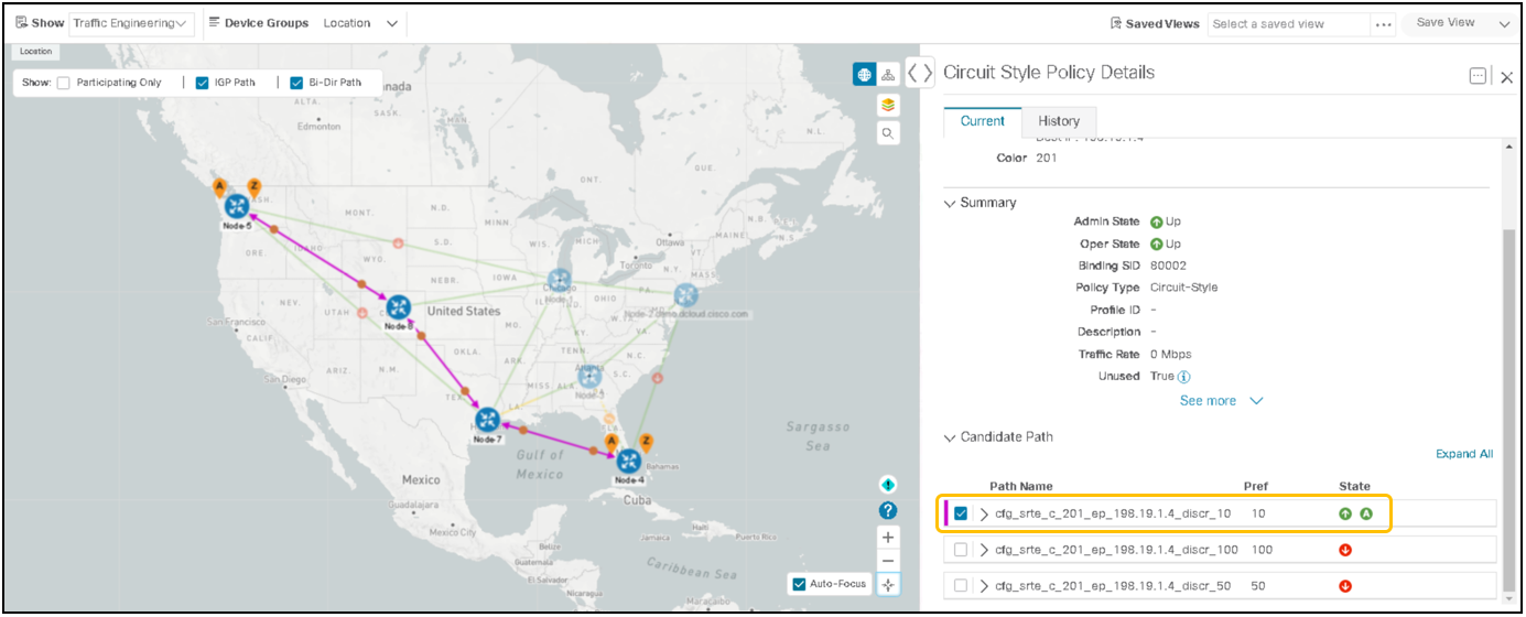 Visualization of circuit-style SR-TE policy restore path