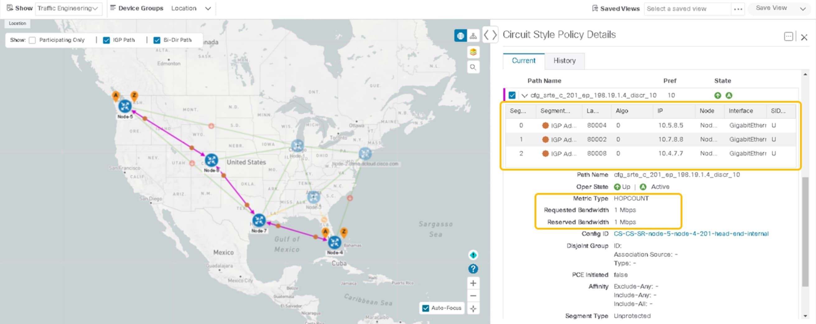 Visualization of circuit-style SR-TE restore path SID list details