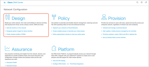 Location of the Design page on the Cisco DNA Center homepage