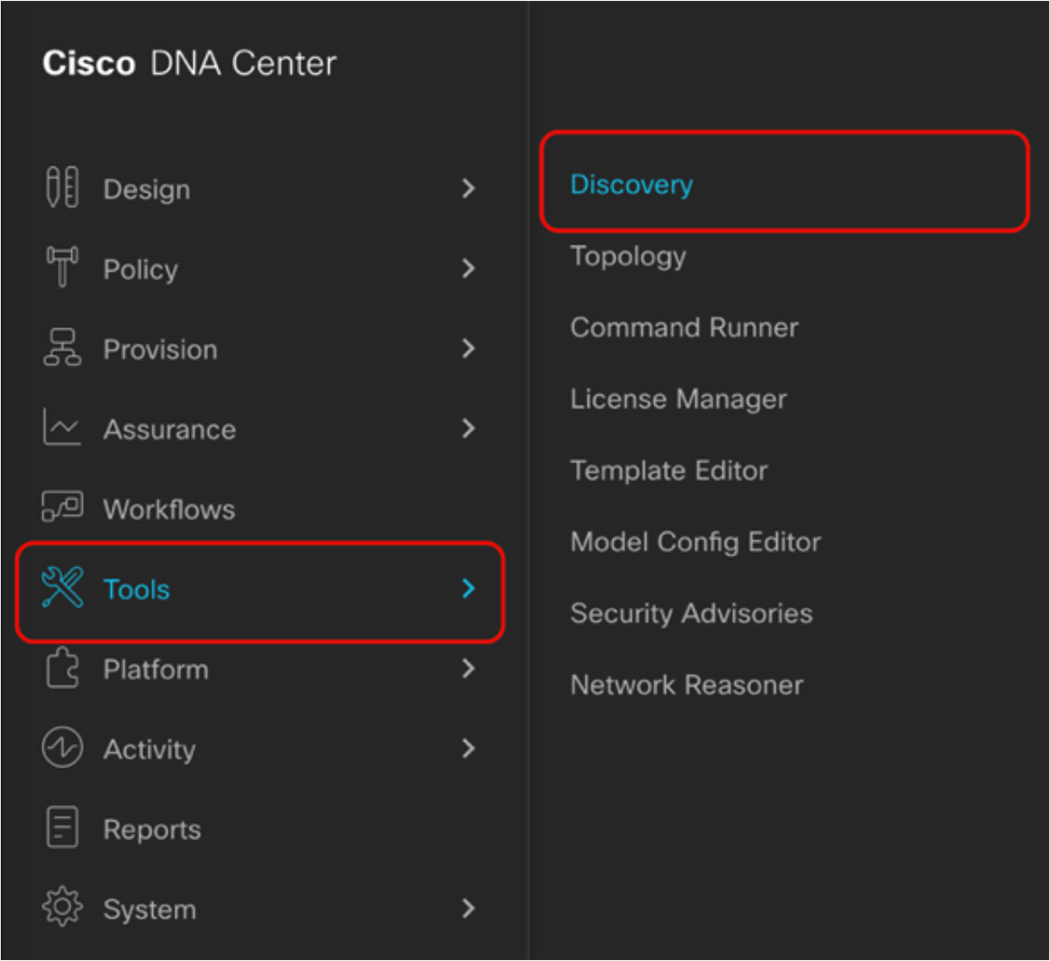 Location of Discovery within the hamburger menu