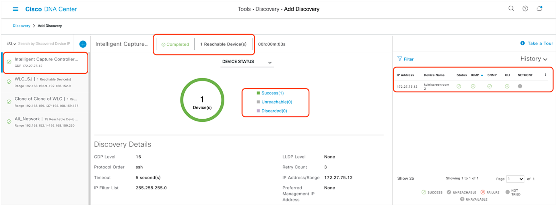 Successful discovery of WLC on the Discovery page