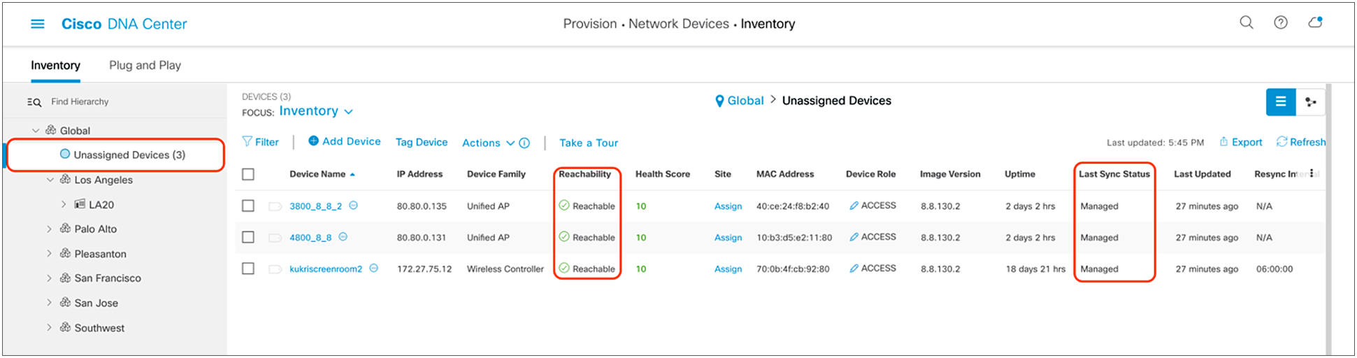 Discovered devices and their Reachability and Last Sync Status