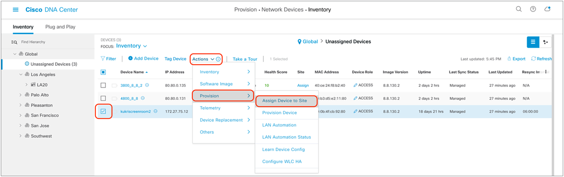 Assigning a WLC to a site on the Inventory page