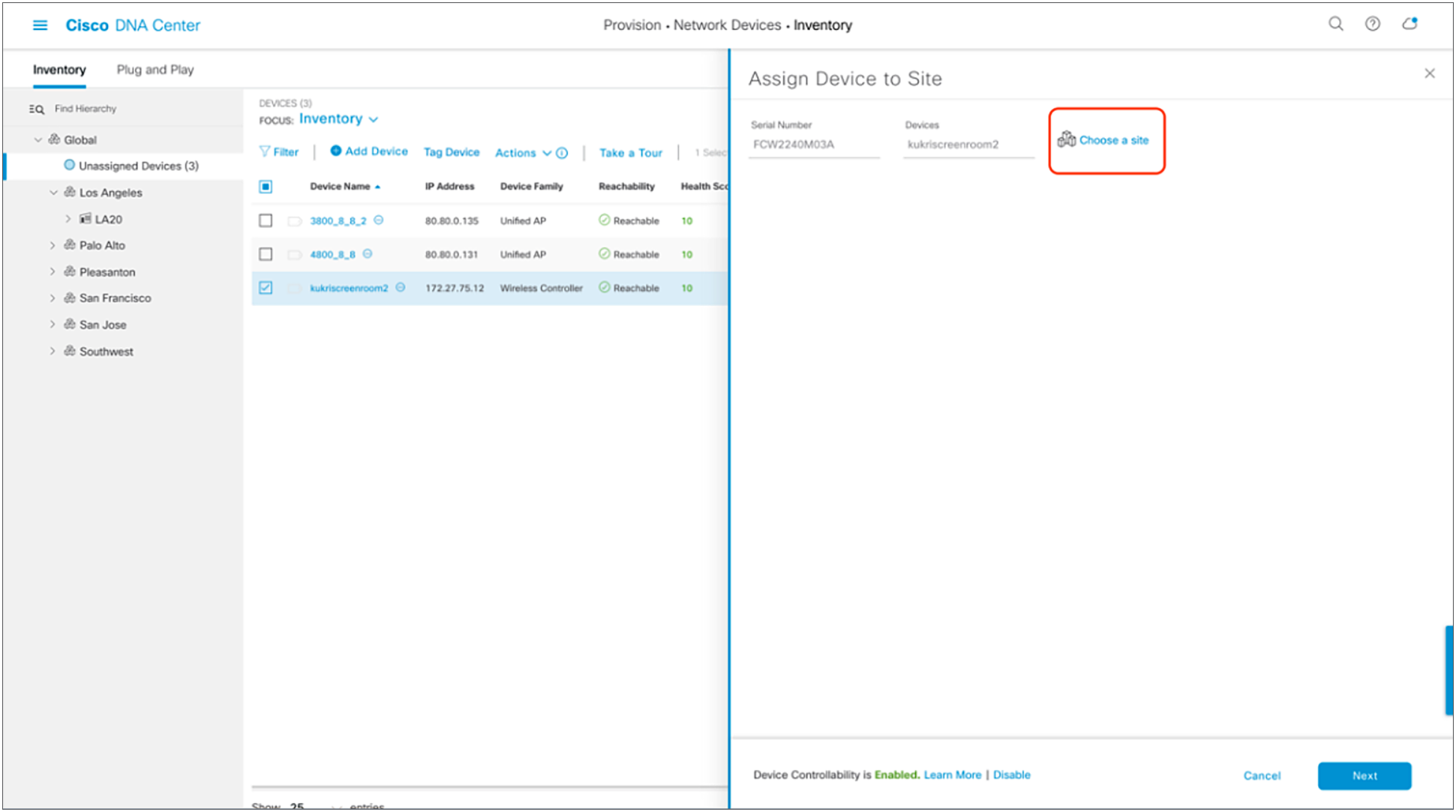 Menu that appears when clicking Assign Device to Site in Figure 19